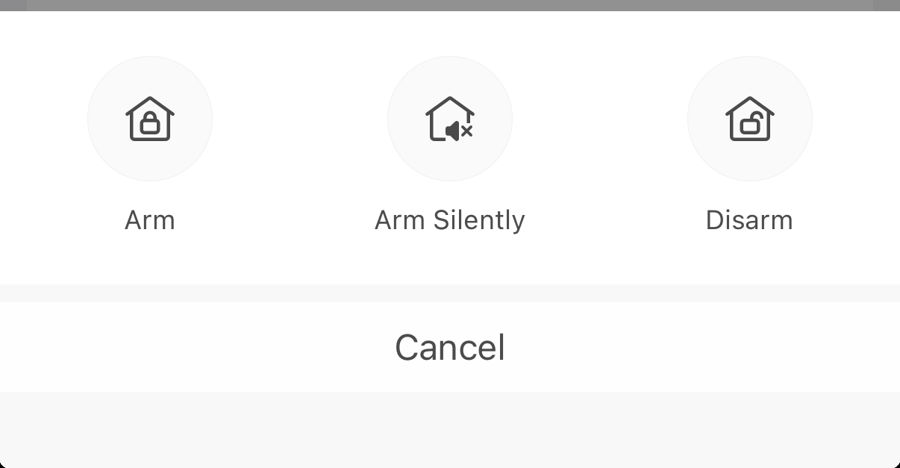 The Hik-Connect arming menu showing three options: Arm, Arm Silently, and Disarm, with a Cancel button.