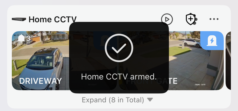 A confirmation message reading Home CCTV armed, over the camera group.