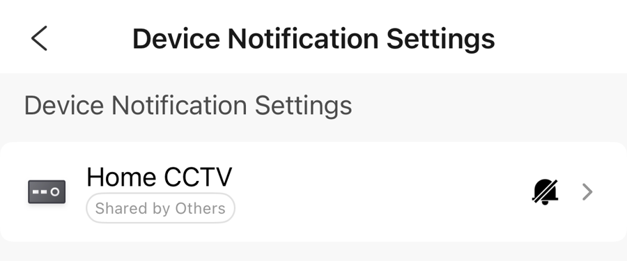 The Device Notification Settings screen showing Home CCTV with a bell-with-a-line icon meaning notifications are disabled.