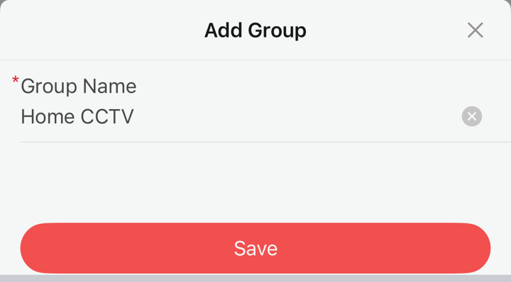 The Add Group screen with a group name and a Save button.