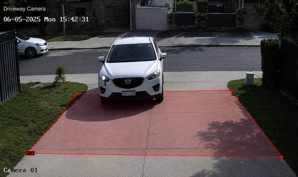 Example of Intrusion Zone detection — an area drawn over a yard that triggers an alert when someone enters it.