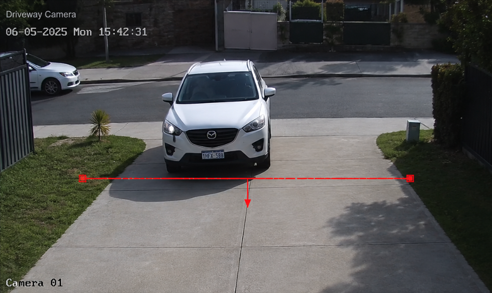 Example of Line Crossing detection — a line drawn across a driveway that triggers an alert when crossed.