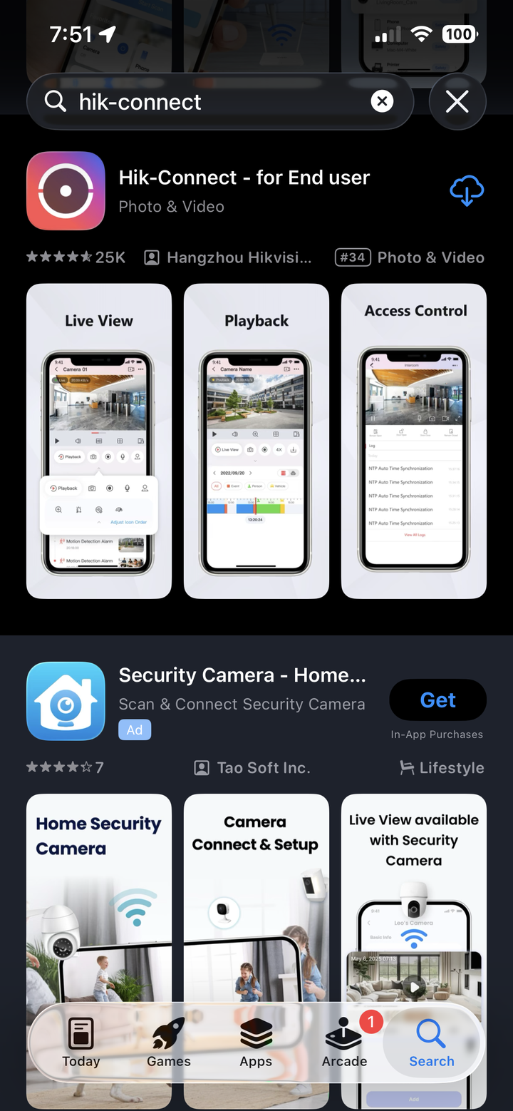 The Hik-Connect app shown in the iPhone App Store search results, with the download (cloud) button to install it.