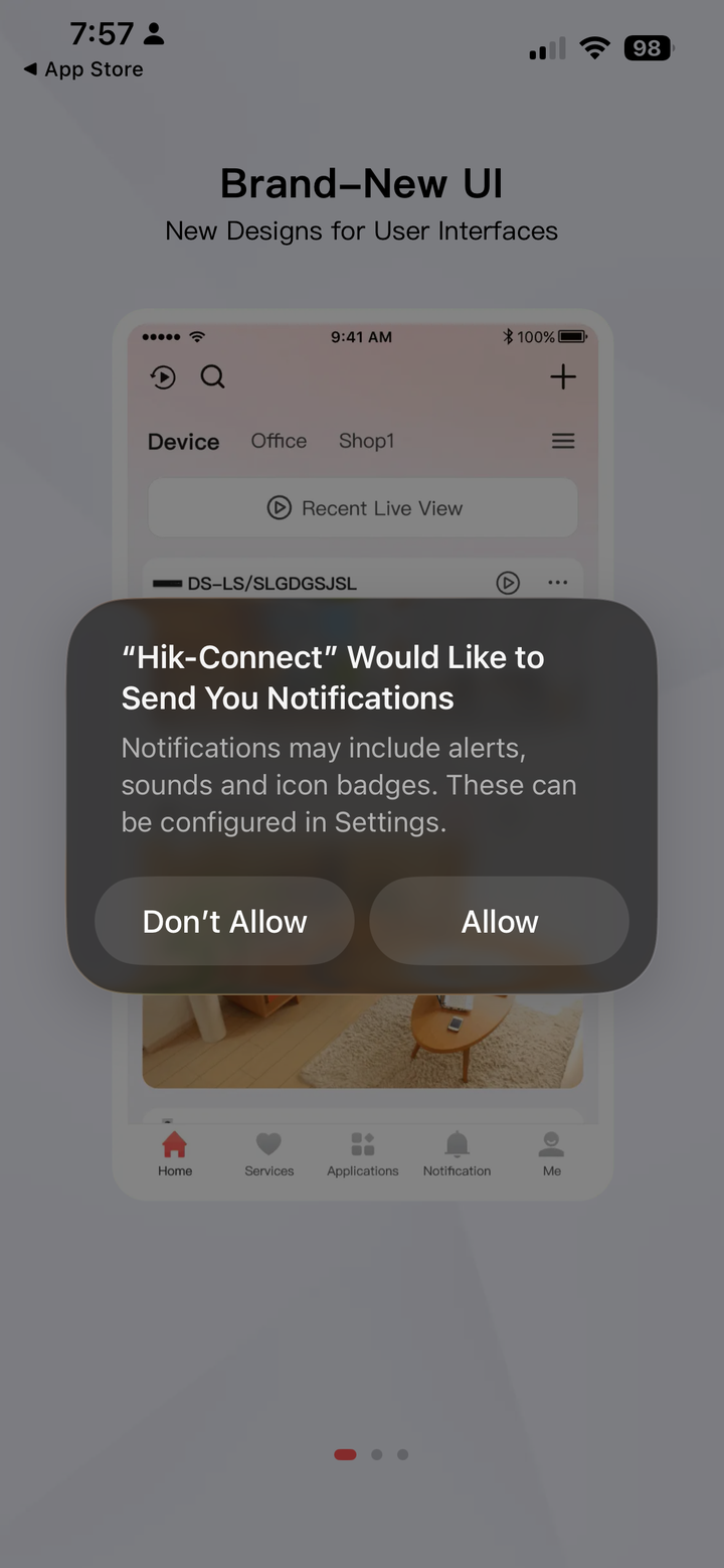 The iPhone pop-up asking to allow Hik-Connect to send notifications, with the Allow option.