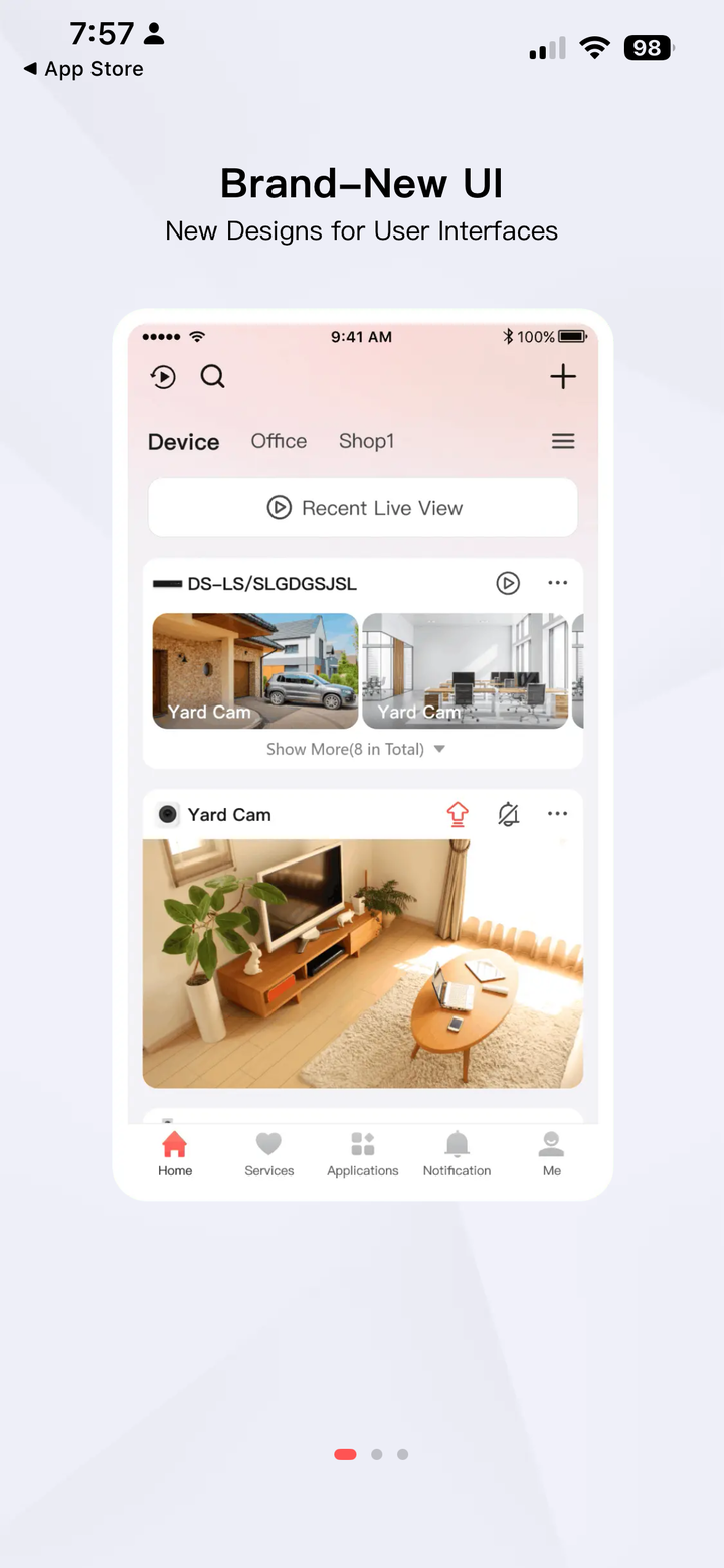 The first Hik-Connect welcome screen, titled Brand-New UI — swipe across to continue.