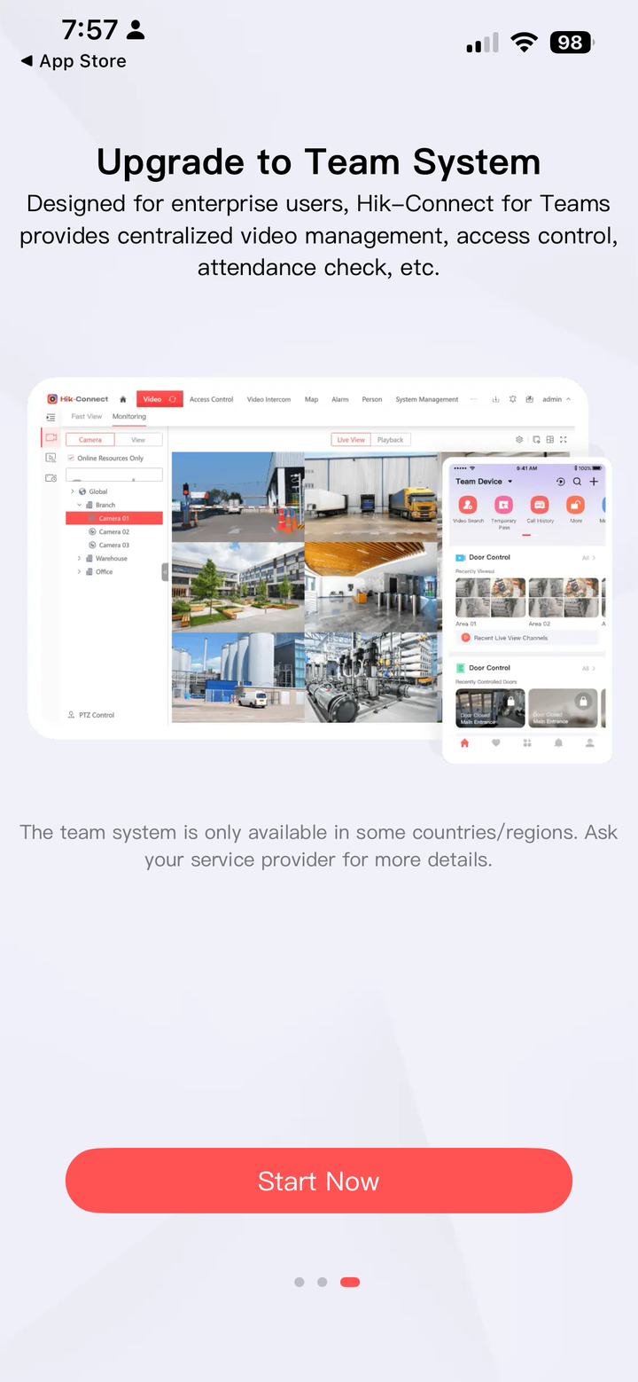The last Hik-Connect welcome screen, titled Upgrade to Team System — keep swiping until you reach setup.