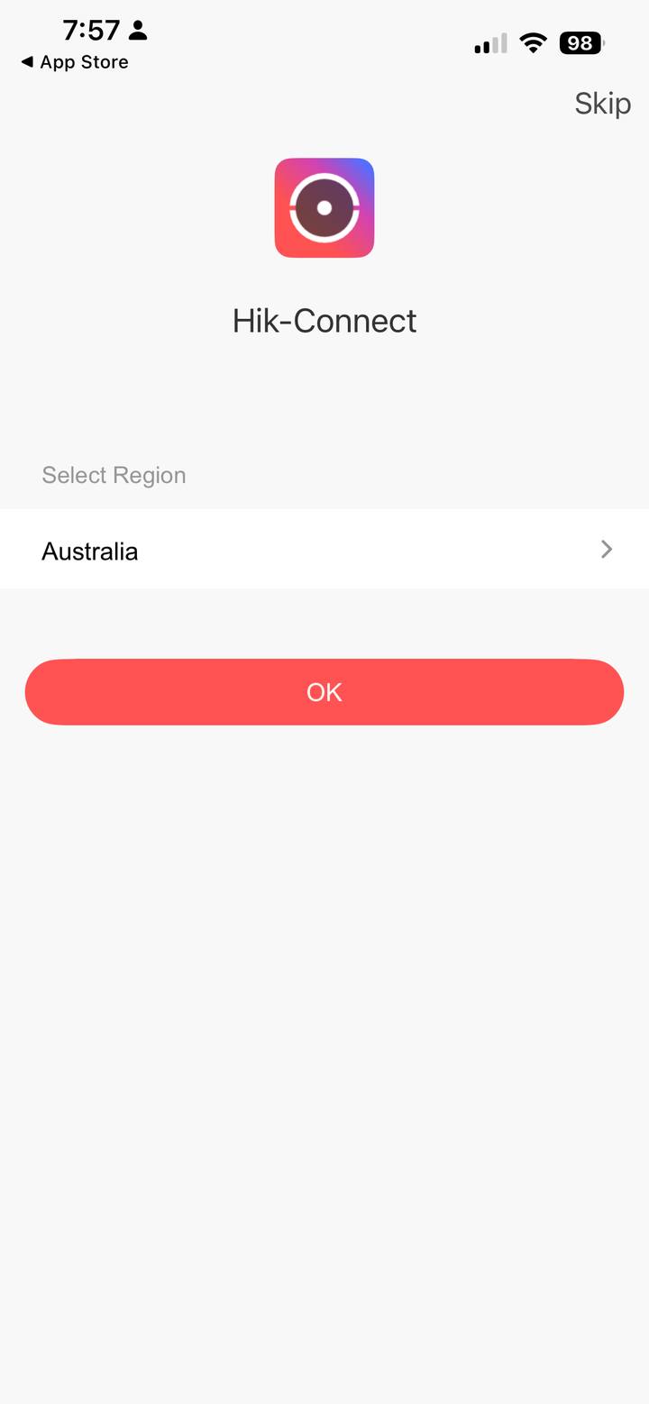 The Hik-Connect Select Region screen with Australia chosen, and the OK button to confirm.