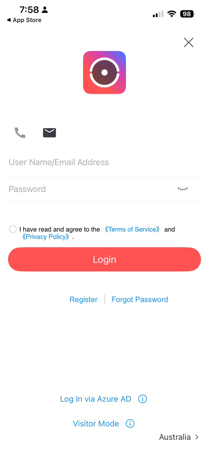 The Hik-Connect login screen showing the Register link used to create a new account.