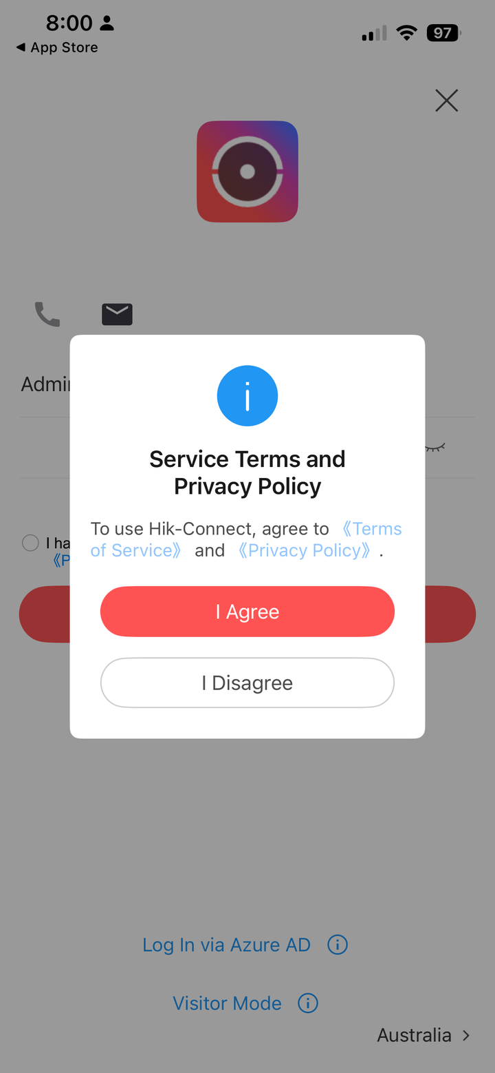 The Hik-Connect Join Us registration screen with the Agree button to accept the terms.