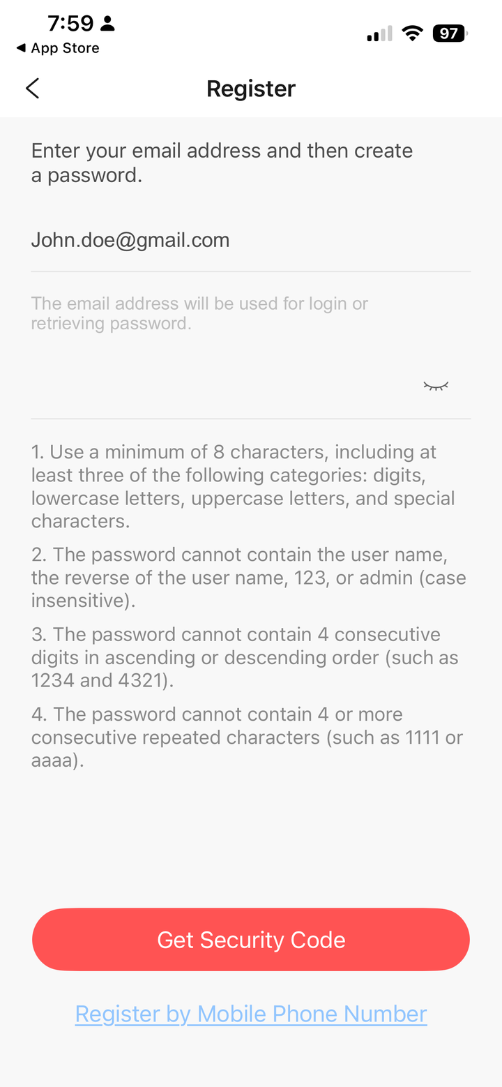 The Hik-Connect registration screen to enter your email address, create a password, and request a security code.