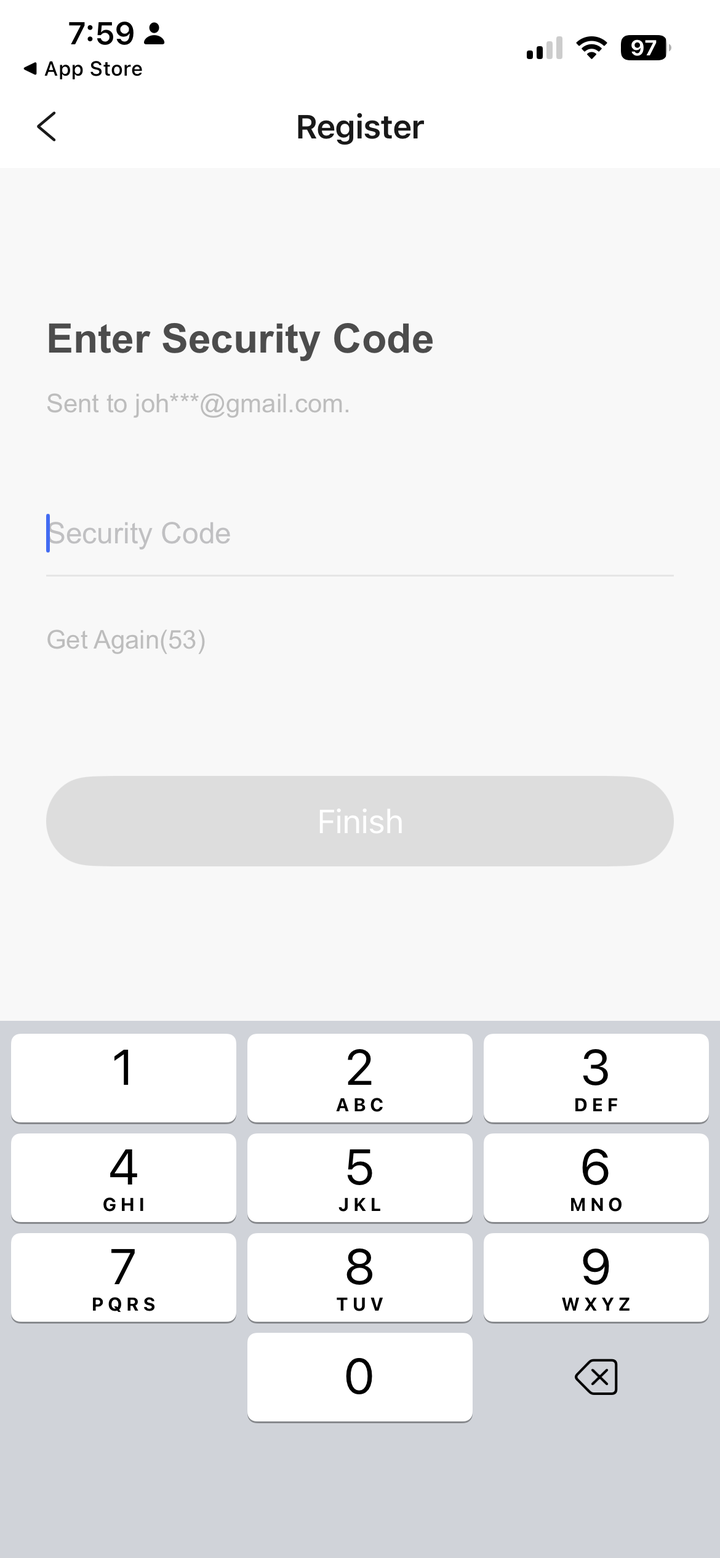 The Hik-Connect screen to enter the security code sent to your email or phone, with the Finish button.