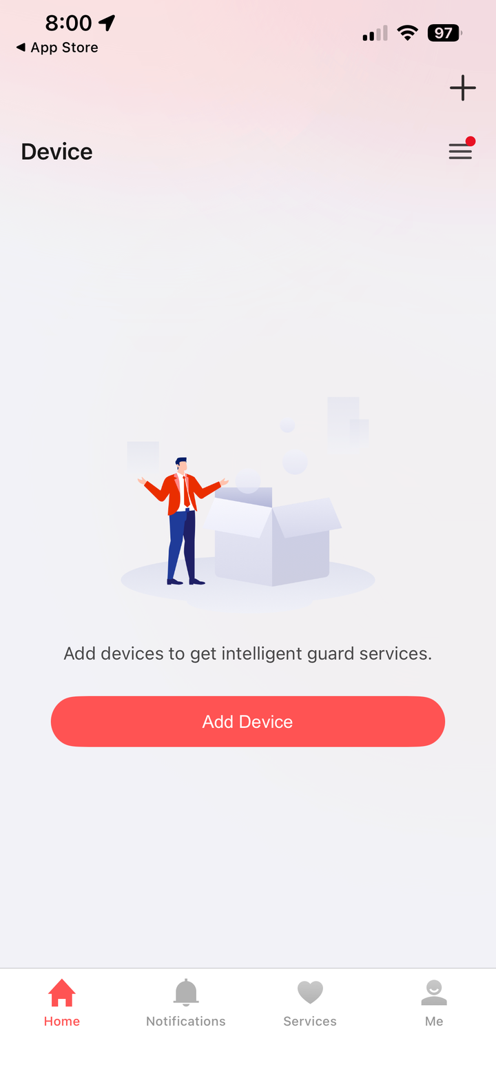 The Hik-Connect home screen with no devices yet, showing the Add Device button — leave this for install day.