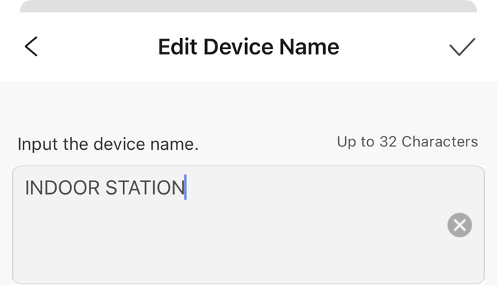 The Edit Device Name screen with a new name typed and a tick to save.