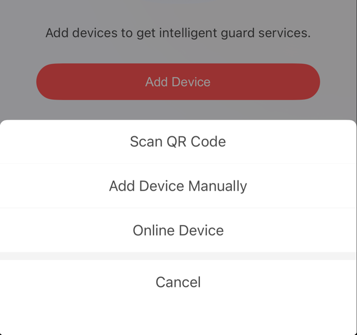 The Add Device options with Scan QR Code, Add Device Manually and Online Device.
