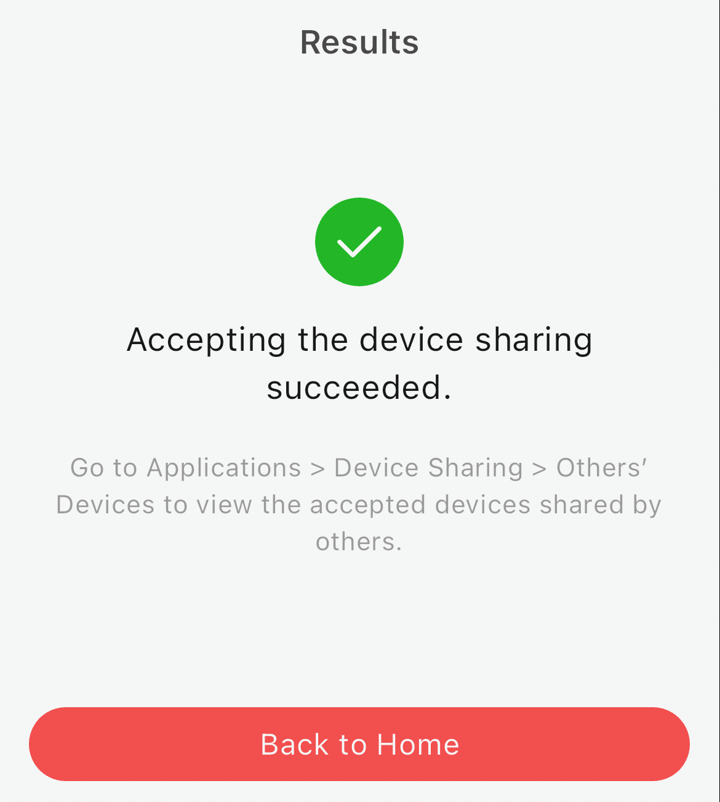 A confirmation that accepting the device sharing succeeded.
