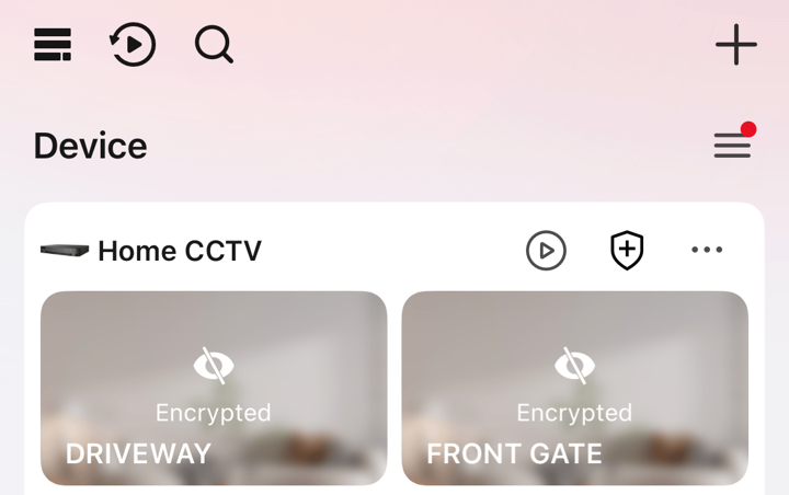 The device list showing the shared cameras marked as Encrypted.