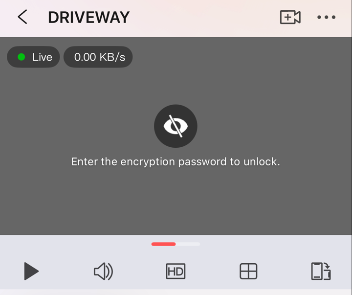 An encrypted camera prompting to enter the encryption password to unlock.