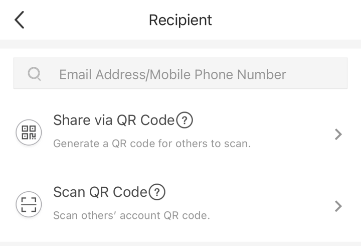 The share screen with Share via QR Code and Scan QR Code options.