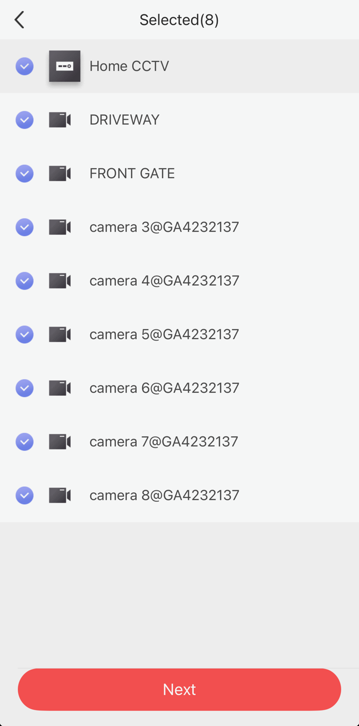 The Selected screen with all cameras ticked and a Next button.