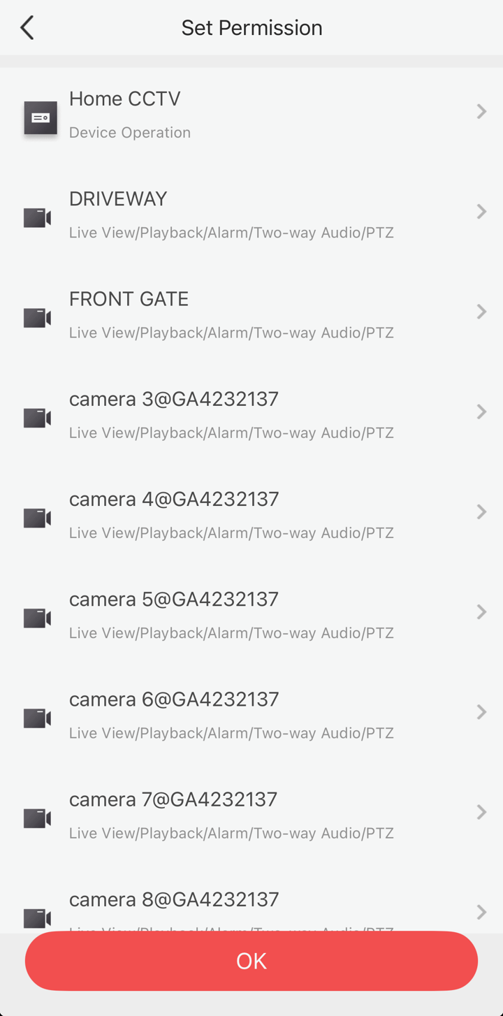 The Set Permission screen listing each camera's permissions, with an OK button.