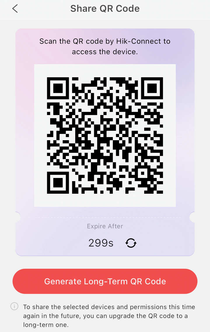 The generated Share QR Code screen with a countdown and a Generate Long-Term QR Code button.