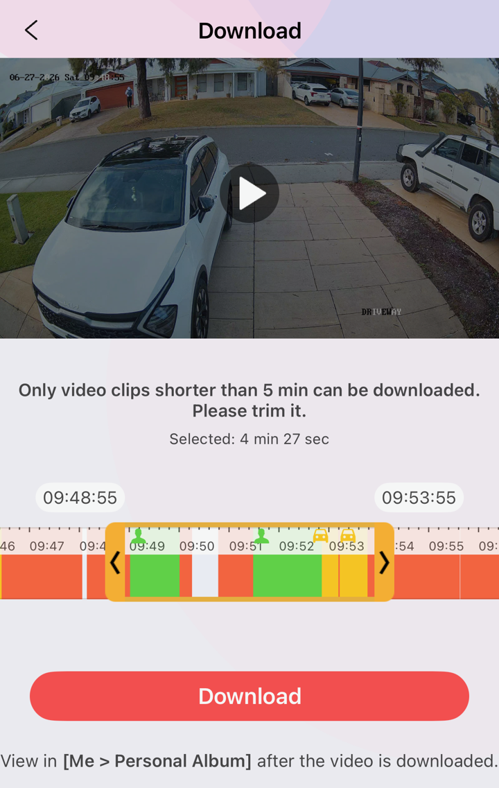 The Download screen with handles to trim the clip to under 5 minutes and a red Download button.