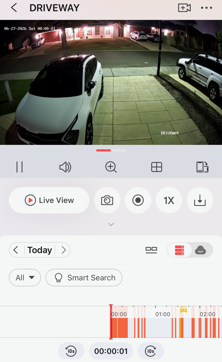 The playback screen showing the timeline at 00:00, the start of the day.