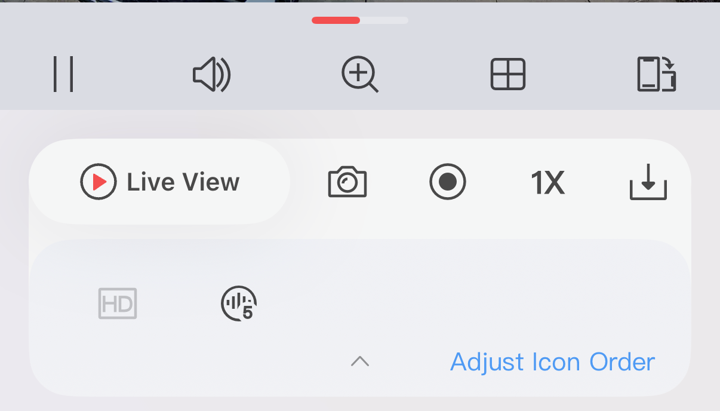 The expanded playback control box showing Live View, snapshot, record, speed, HD and noise reduction.
